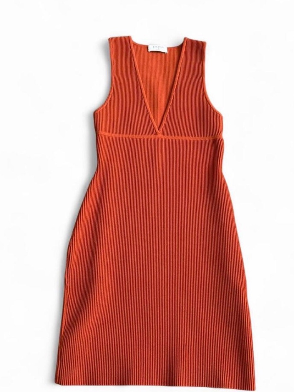 Babaton Sleeveless V-Neck Ribbed Knit Dress in Rust